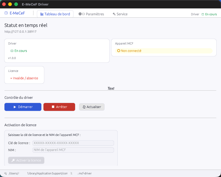 Interface GUI — fenêtre d'activation de la licence