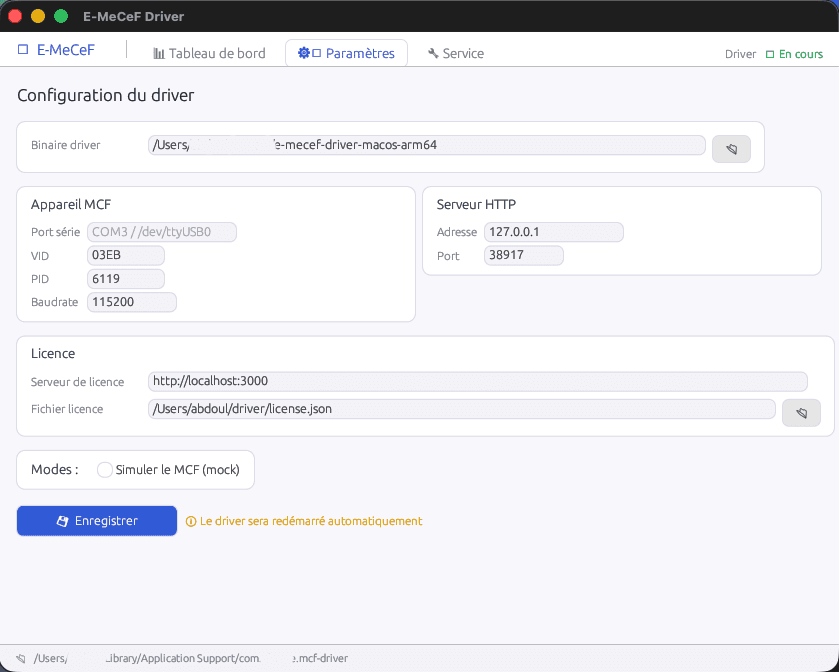 Interface GUI — écran de configuration du port série